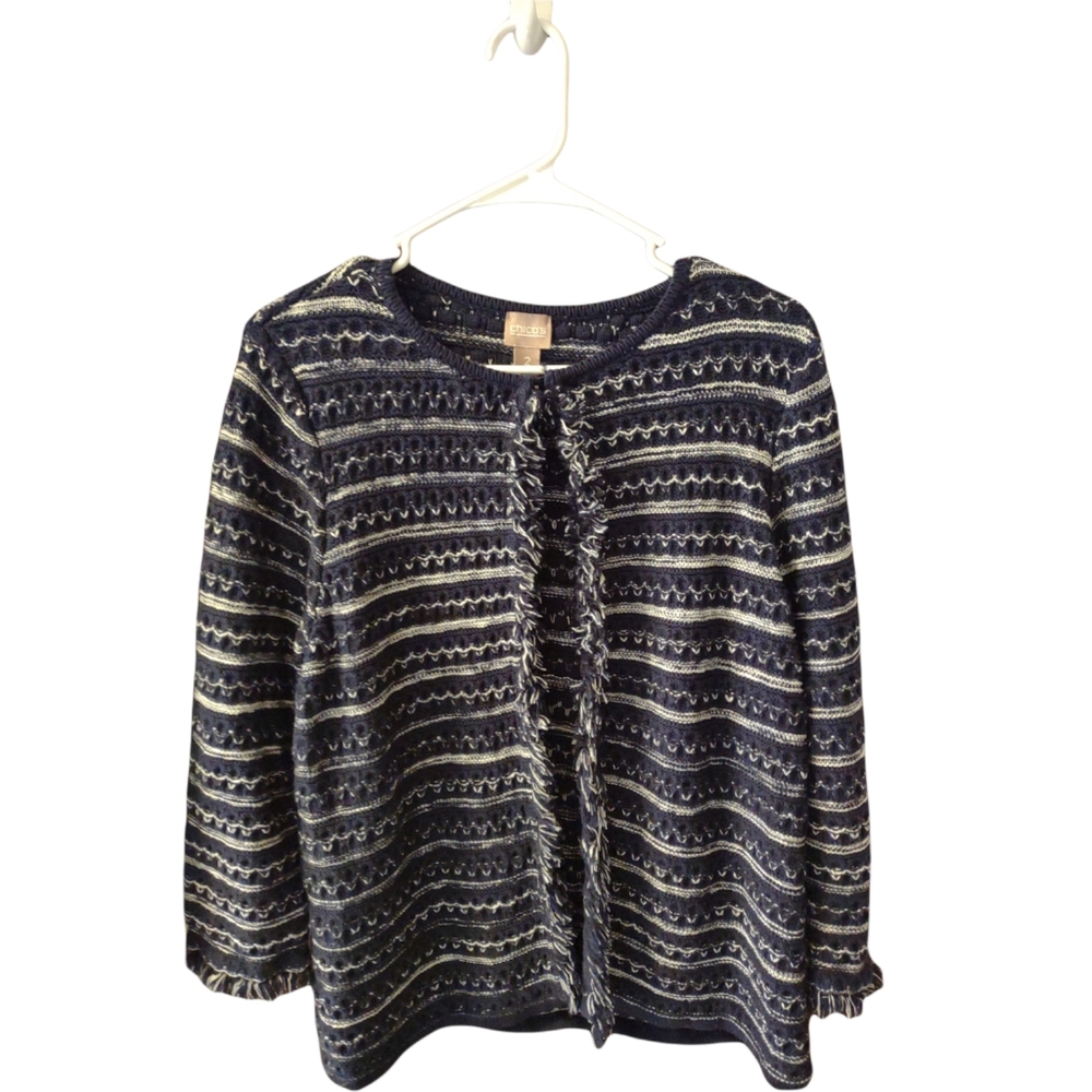 Chico's fringe knit cozy open cardigan sweater size Large